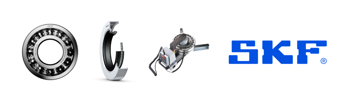 SKF rolling bearing, radial shaft seal and induction bearing heater alongside the SKF logo